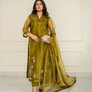 Stitched 3 Piece Organza Suit – Olive Green