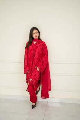 Stitched 3 Piece Silk Suit – Vescos Embossed Red