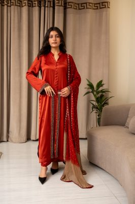 Stitched 3 Piece Silk Suit – Burnt Orange Red (Embroidered Dupatta)