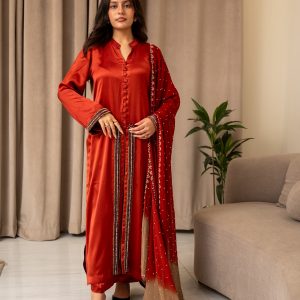 Stitched 3 Piece Silk Suit – Burnt Orange Red (Embroidered Dupatta)