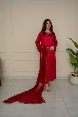 Stitched 3 Piece Silk Suit – Maroon (Wine Red) | Handcrafted Luxury Embroidery