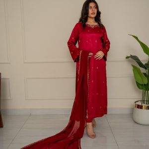 Stitched 3 Piece Silk Suit – Deep Red
